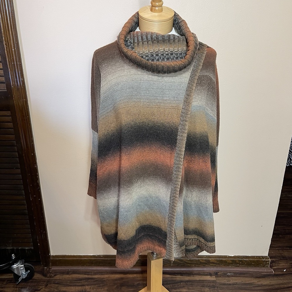 Dor Dor Couture Womens XL Cowl Neck‎ Asymmetrical Striped Knit Sweater Brown